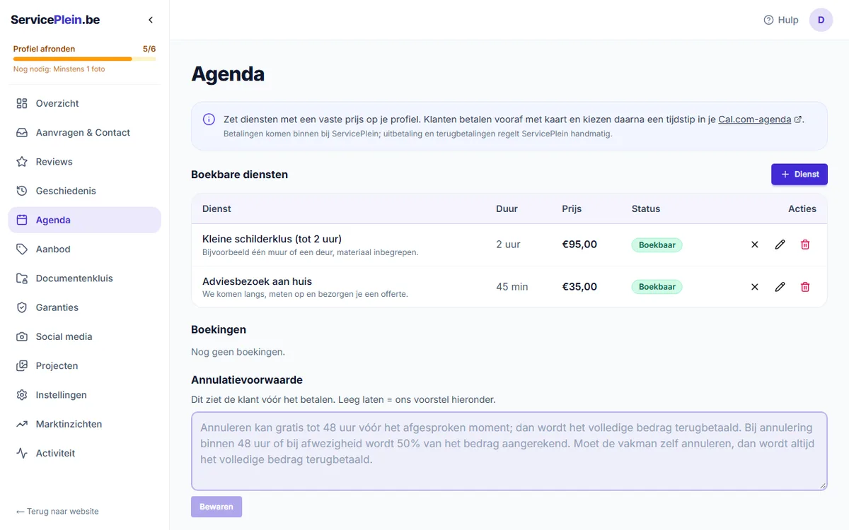 De tab Agenda in het dashboard met de lijst boekbare diensten