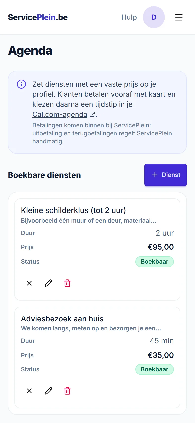De tab Agenda in het dashboard met de lijst boekbare diensten