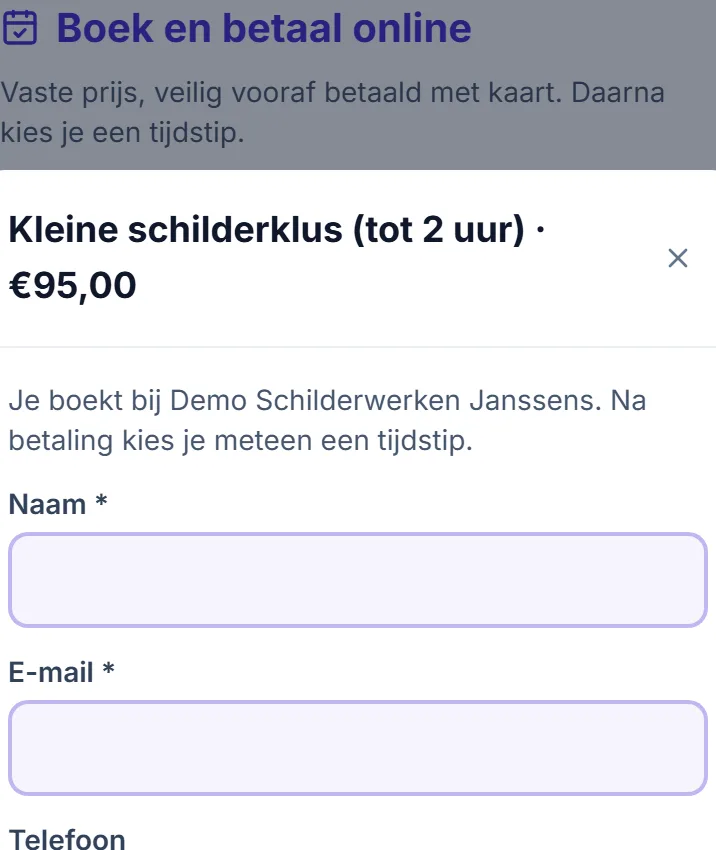 Het boekingsformulier met naam, e-mail, telefoon en annulatievoorwaarde