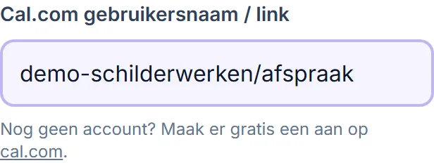 Het veld Cal.com gebruikersnaam / link bij Instellingen